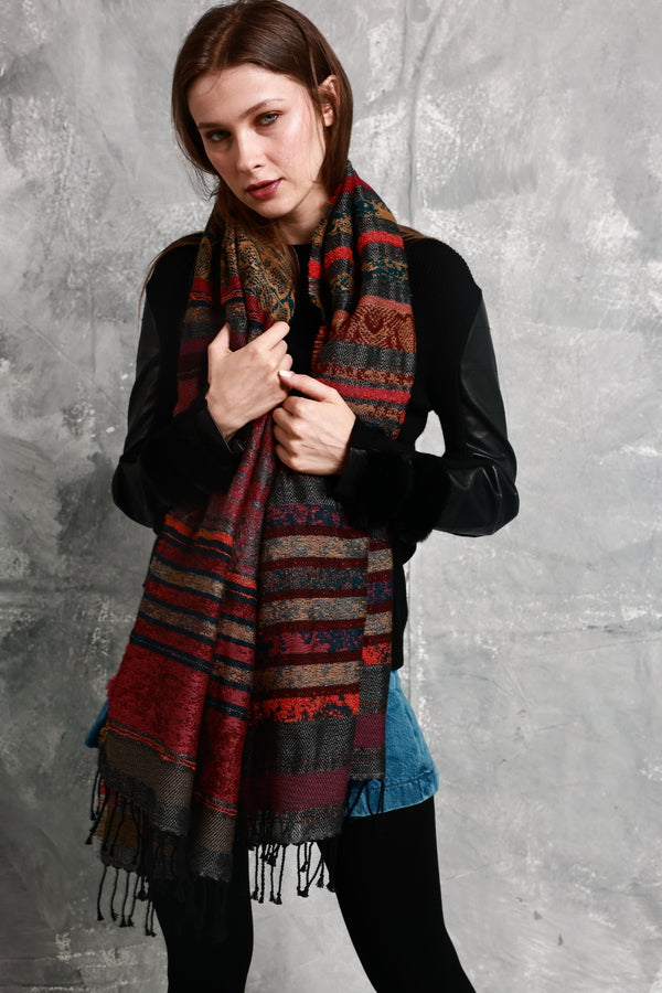 Horizontal Mix Pattern With Pashmina Fringes Scarf (SE-2155_Multi)